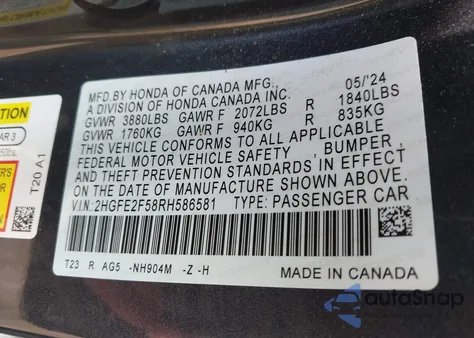 2024 Honda Civic Sport from USA, damaged, VIN 2HGFE2F58RH586581